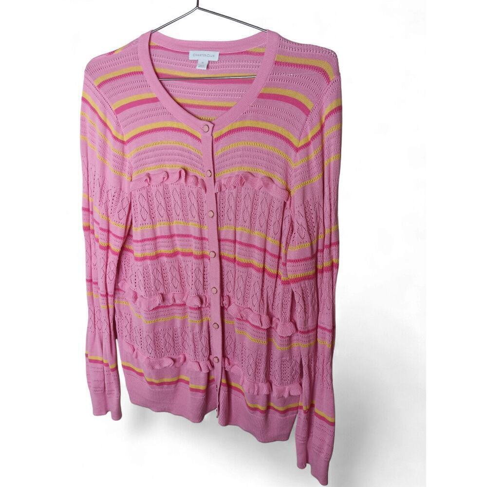 Charter Club Pink Yellow Stripe Knit Ruffle Cardigan Sweater XL Button Front - Picture 7 of 12
